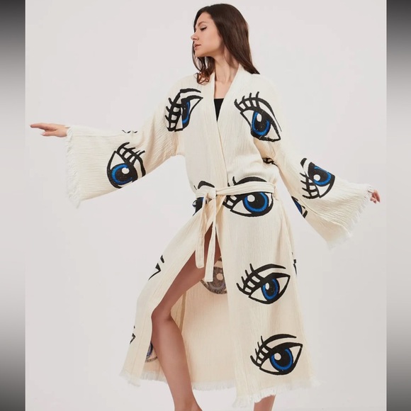Handcrafted THIRD EYE 🪬🧿 ORGANIC KAFTAN Robe Cover Up Evil Protection Kimono - Picture 5 of 12